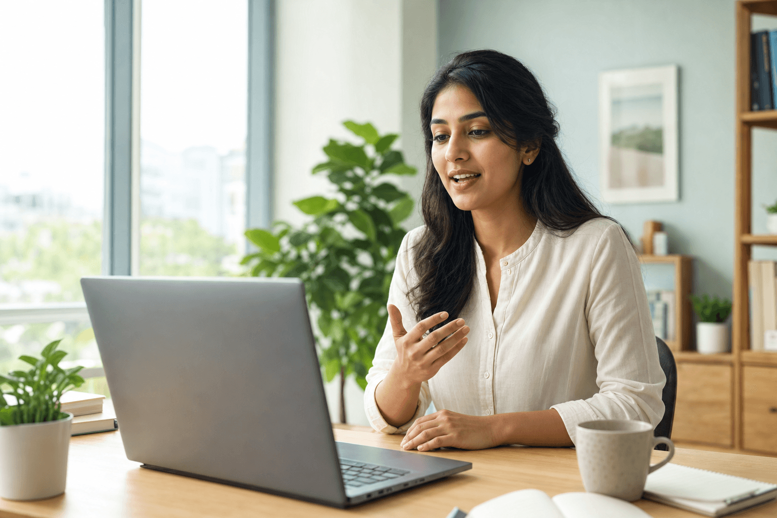 A candidate practicing a voice interview at a bright desk